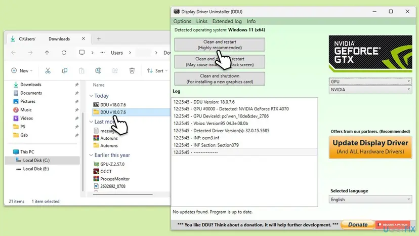 Display Driver Uninstaller window on Windows 11 with GPU and NVIDIA selected on the right and the Clean and restart button at the top left