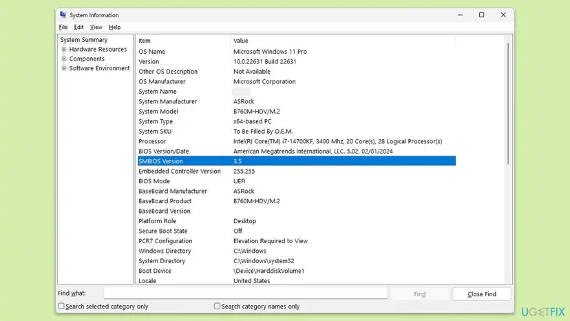 System Information window on Windows 11 showing System Model, Processor, BIOS Version/Date and BaseBoard Product rows for the motherboard