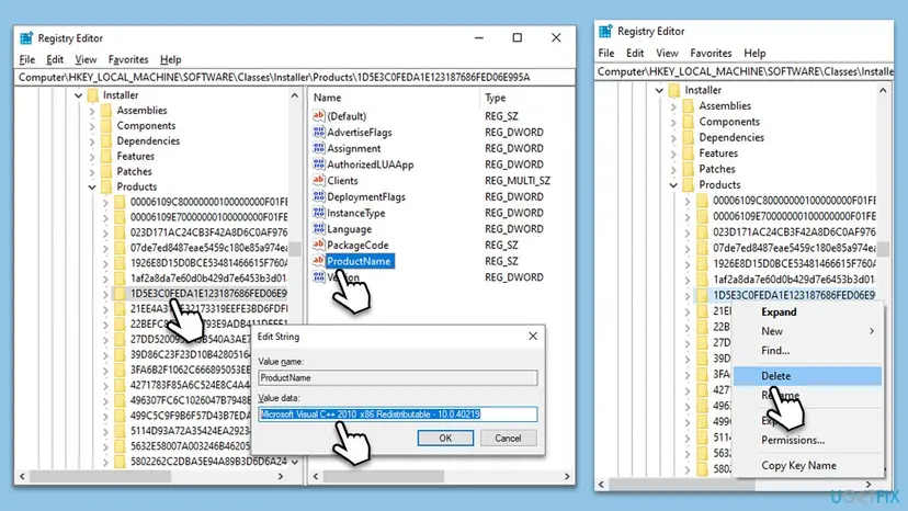 Registry Editor at Installer Products with a subkey whose ProductName reads Microsoft Visual C++ 2010 x86 Redistributable, and the right-click menu with Delete