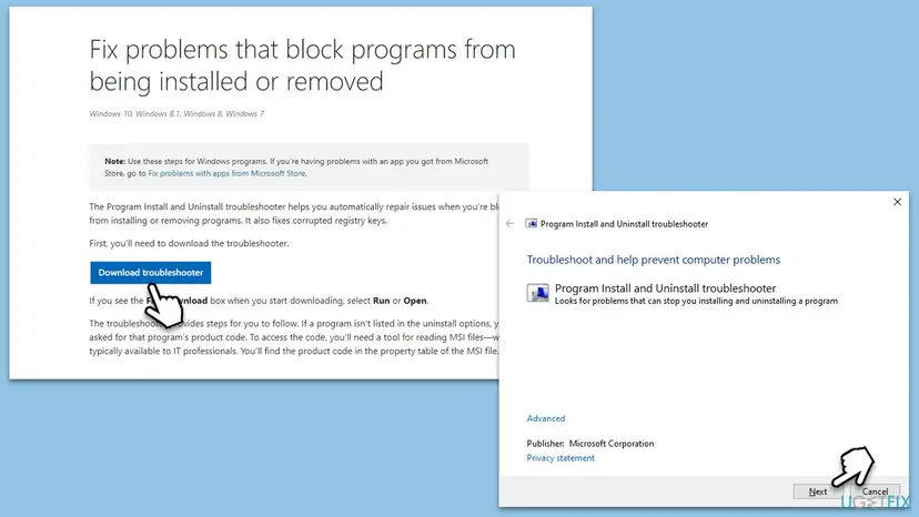 Microsoft support page with the Download troubleshooter button next to the Program Install and Uninstall troubleshooter window and its Next button