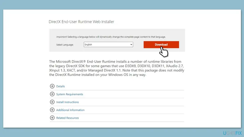 Microsoft Download Center page for the DirectX End-User Runtime Web Installer with English selected and the red Download button pointed out