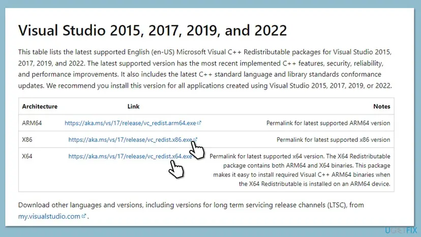 Microsoft Learn table of the latest supported Visual C++ Redistributable with ARM64, X86 and X64 download links and the X86 and X64 links pointed out