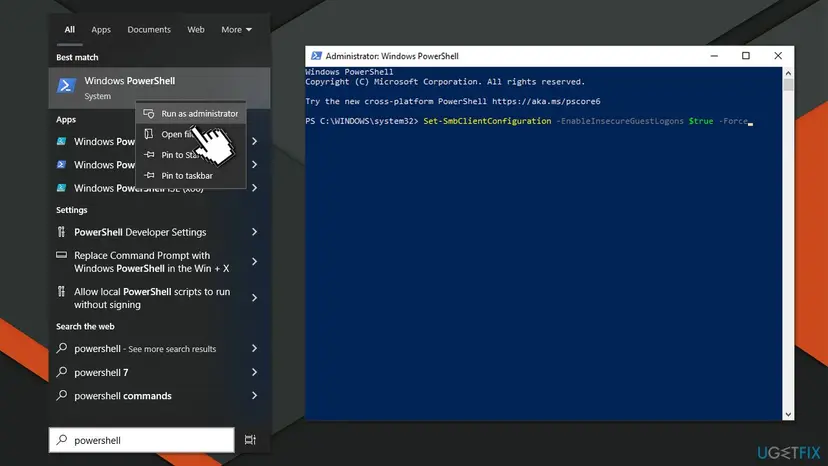 Windows PowerShell opened with Run as administrator and the Set-SmbClientConfiguration command with EnableInsecureGuestLogons typed in