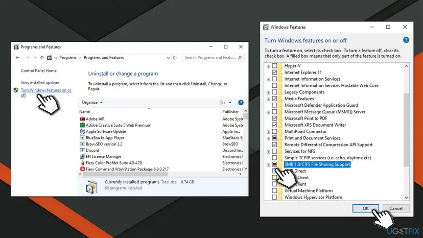 Programs and Features with Turn Windows features on or off, and the Windows Features list with SMB 1.0/CIFS File Sharing Support selected
