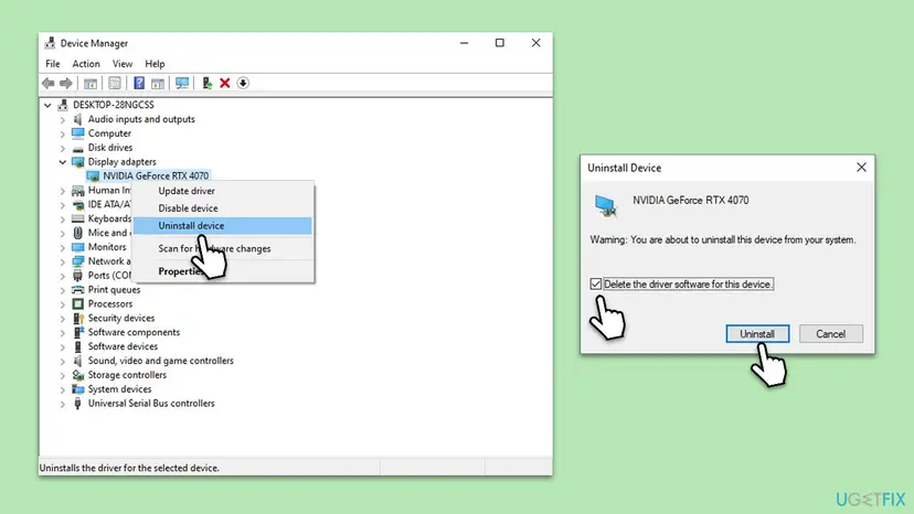 Device Manager with Display adapters expanded, Uninstall device selected for the graphics card, and the box Delete the driver software for this device ticked