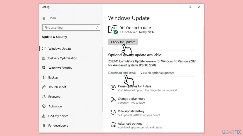 Windows 10 Settings, Windows Update page with the Check for updates button and an optional cumulative update with Download and install