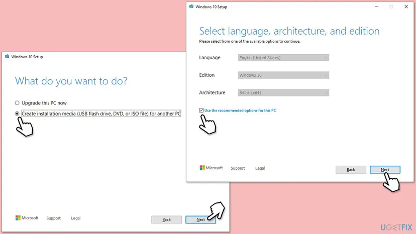 Windows 10 Media Creation Tool screens: What do you want to do with the media option, and Select language, architecture and edition