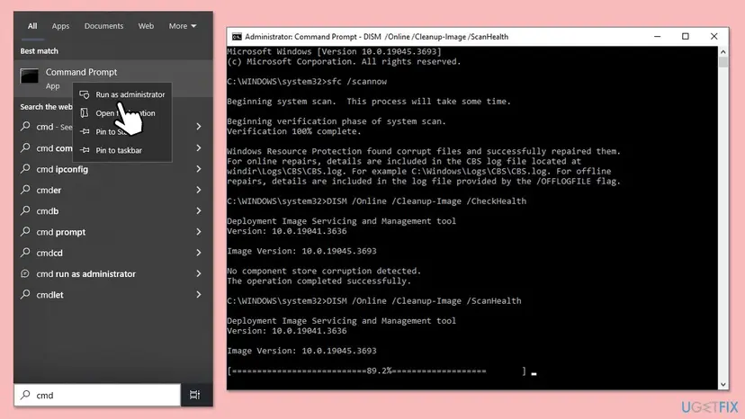 Administrator Command Prompt in Windows 10 running sfc /scannow and the DISM RestoreHealth command one after the other