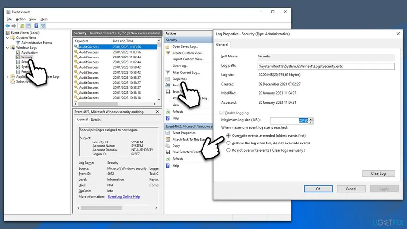 Event Viewer with Windows Logs Security selected and the Log Properties Security window showing the log path, a maximum log size of 20480 KB and the Overwrite events as needed option