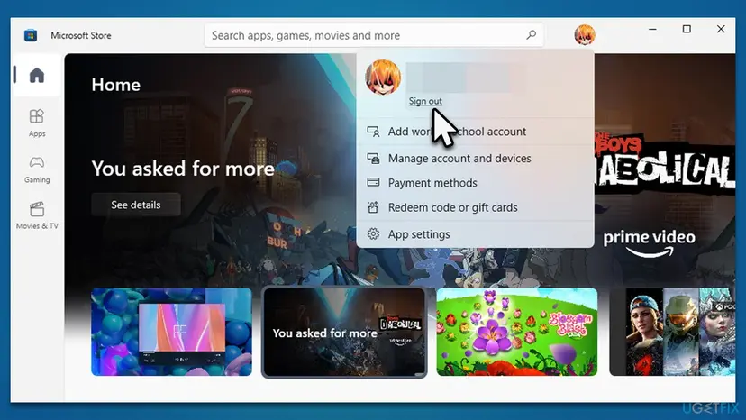 Microsoft Store window with the profile menu opened at the top right and the Sign out link under the account name marked by the mouse pointer