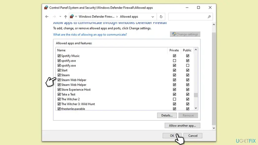 Windows Defender Firewall Allowed apps list with the entries Steam and Steam Web Helper checked for Private and Public networks
