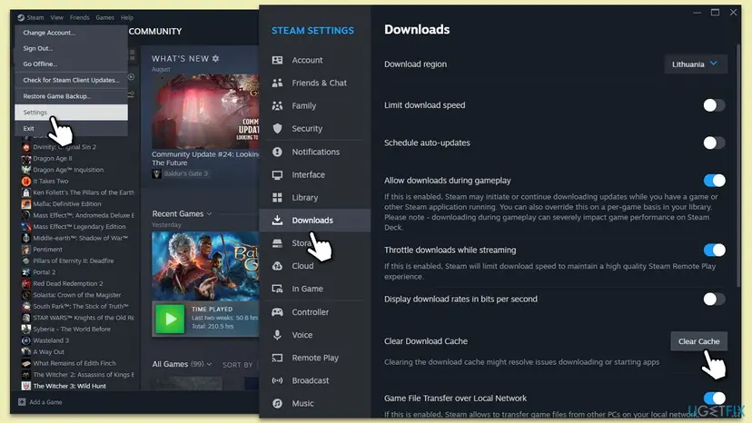 Steam Settings window on the Downloads page with Download region at the top and the Clear Download Cache row with its Clear Cache button at the bottom