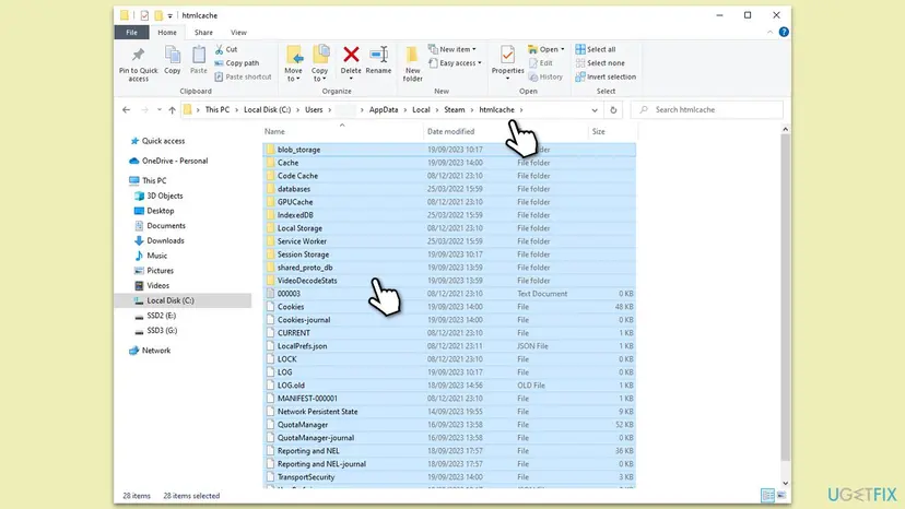 File Explorer on Windows open at AppData, Local, Steam, htmlcache with all folders such as Cache, Code Cache, GPUCache and Local Storage selected for deletion