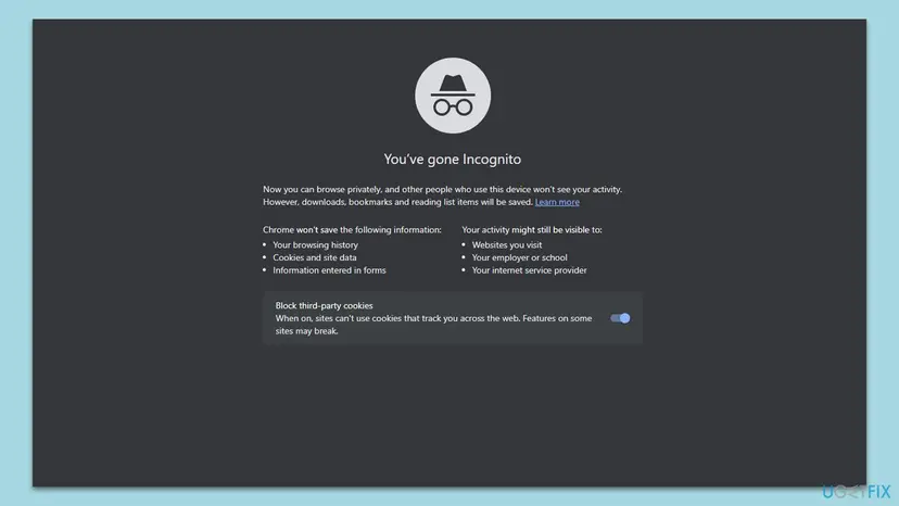 Chrome window in Incognito mode with the text You've gone Incognito and the option Block third-party cookies turned on
