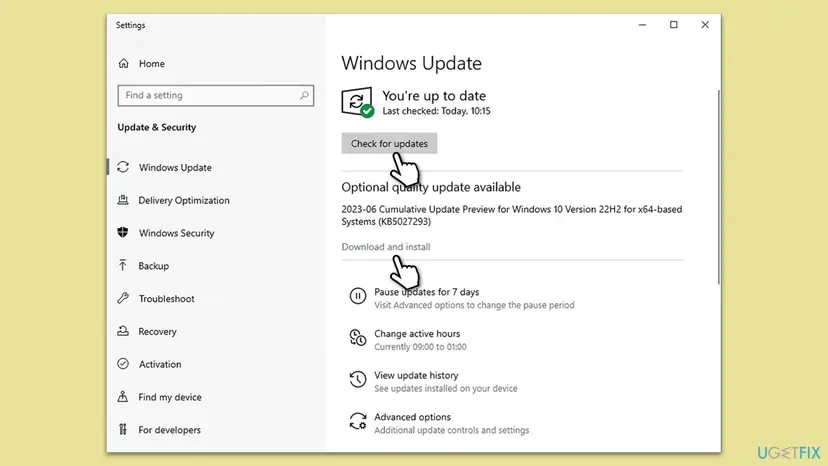 Windows 10 Settings Windows Update page with the Check for updates button and an optional cumulative update with Download and install