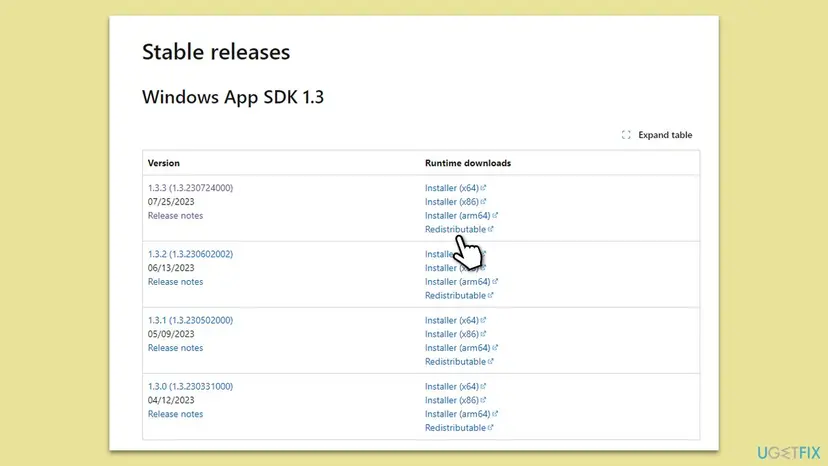 Microsoft Learn downloads page with the Windows App SDK 1.3 table listing versions 1.3.0 to 1.3.3 and the links Installer x64, Installer x86, Installer arm64 and Redistributable