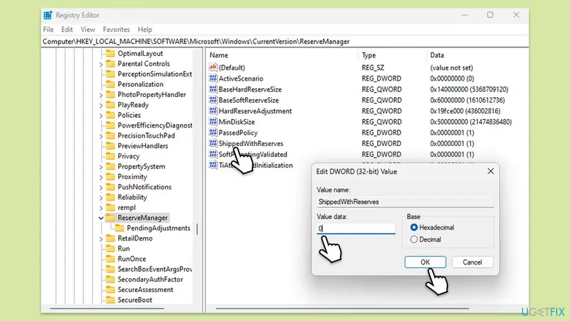 Registry Editor open at HKEY_LOCAL_MACHINE SOFTWARE Microsoft Windows CurrentVersion ReserveManager, listing ActiveScenario, ShippedWithReserves and other values with an Edit DWORD dialog