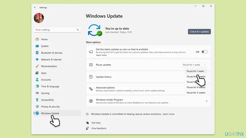 Windows 11 Windows Update settings with the Pause updates drop-down open and Pause for 1 week selected among options up to 5 weeks