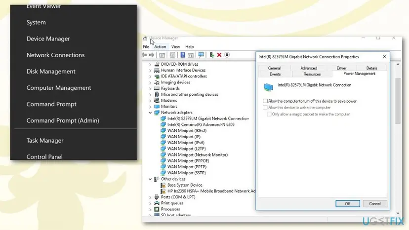 Device Manager with the network adapter Properties window open on the Power Management tab