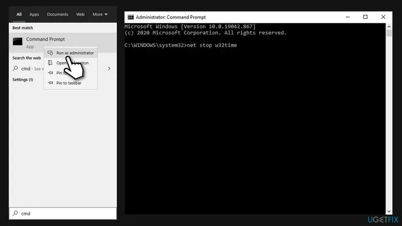Windows search with Command Prompt and Run as administrator selected, next to an Administrator Command Prompt window with the net stop w32time command typed