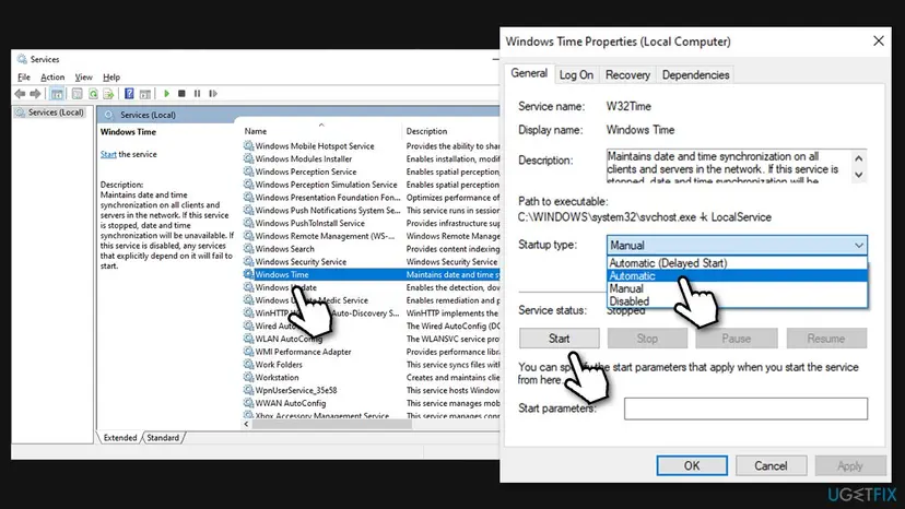 Services window with Windows Time selected and its Properties dialog showing service name W32Time, the Startup type list set to Automatic and the Start button