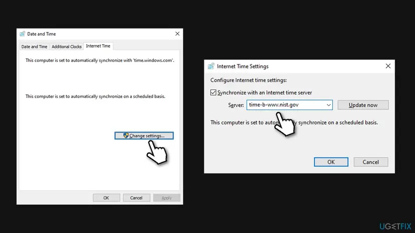Date and Time dialog on the Internet Time tab with Change settings selected, and the Internet Time Settings window with a NIST server typed in the Server field and Update now