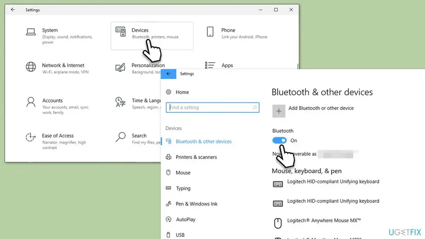 Windows 10 Settings with Devices selected and the Bluetooth & other devices page showing the Bluetooth switch turned On under Add Bluetooth or other device