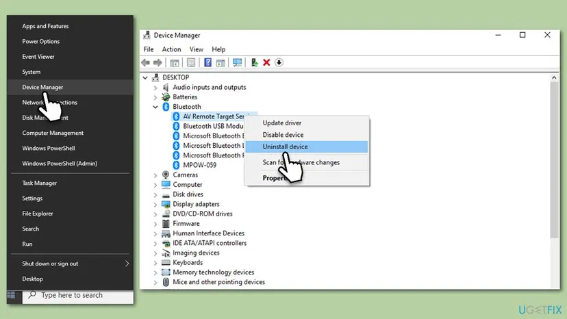 Windows 10 Device Manager with the Bluetooth category expanded and the right-click menu of a Bluetooth entry open with Uninstall device highlighted