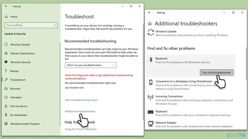 Windows 10 Troubleshoot page with Additional troubleshooters link and the Additional troubleshooters list with Bluetooth selected and Run the troubleshooter clicked