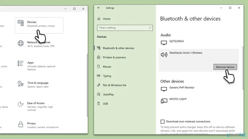 Windows 10 Settings with Devices selected and the Bluetooth & other devices page where a SteelSeries wireless headset is selected and Remove device is clicked