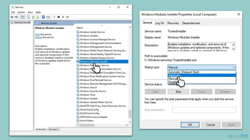 Services window with Windows Modules Installer selected and its Properties dialog showing service name TrustedInstaller, path C:\Windows\servicing\TrustedInstaller.exe and the Startup type list open
