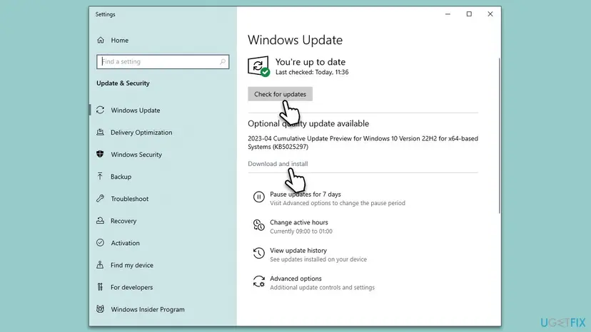 Windows 10 Settings on the Windows Update page with the Check for updates button and an optional cumulative update preview offered with a Download and install link