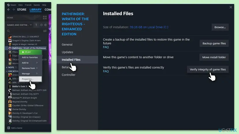 Steam Library with the game's right-click menu open on Properties, and the Installed Files page with the Verify integrity of game files button