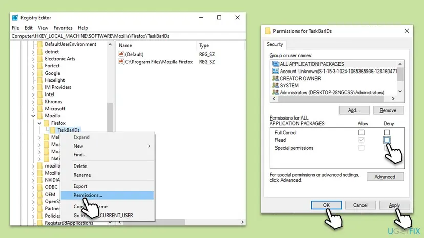 Registry Editor key context menu with Permissions selected, next to the Permissions for TaskBarIDs dialog with the Allow and Deny columns, the Advanced button and OK and Apply