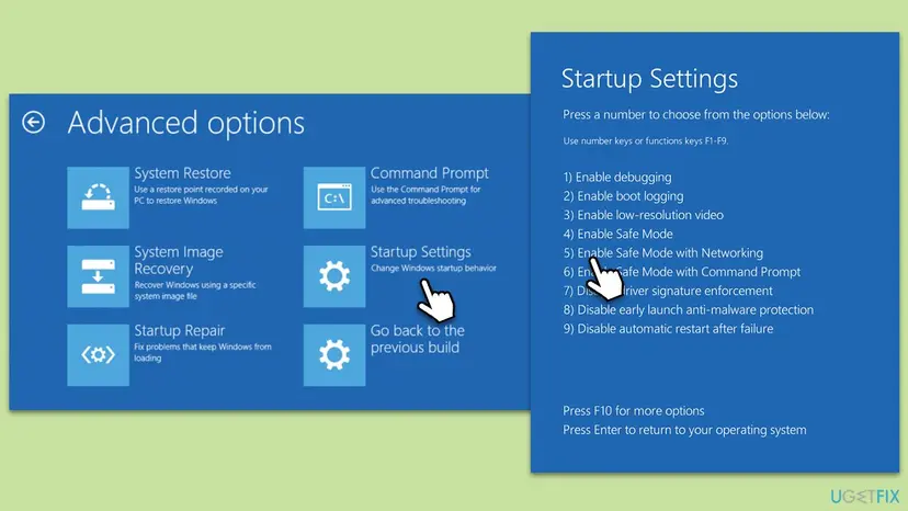 Advanced options screen with Startup Settings selected, next to the Startup Settings list where option 4 Enable Safe Mode and 5 Enable Safe Mode with Networking are shown