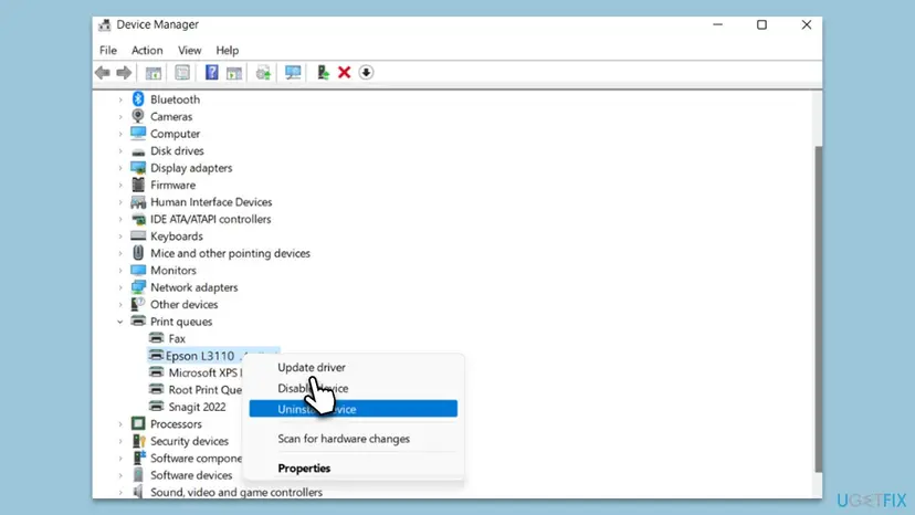 Device Manager on Windows 11 with Print queues expanded and the right-click menu of a printer open on Update driver, Disable device and Uninstall device