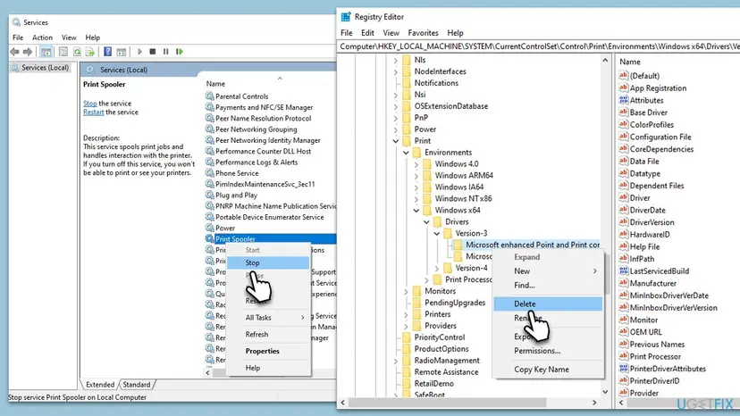 Services window with Stop selected for Print Spooler, next to Registry Editor at Control, Print, Environments, Windows x64, Drivers, Version-3 with the Delete command open on a driver key