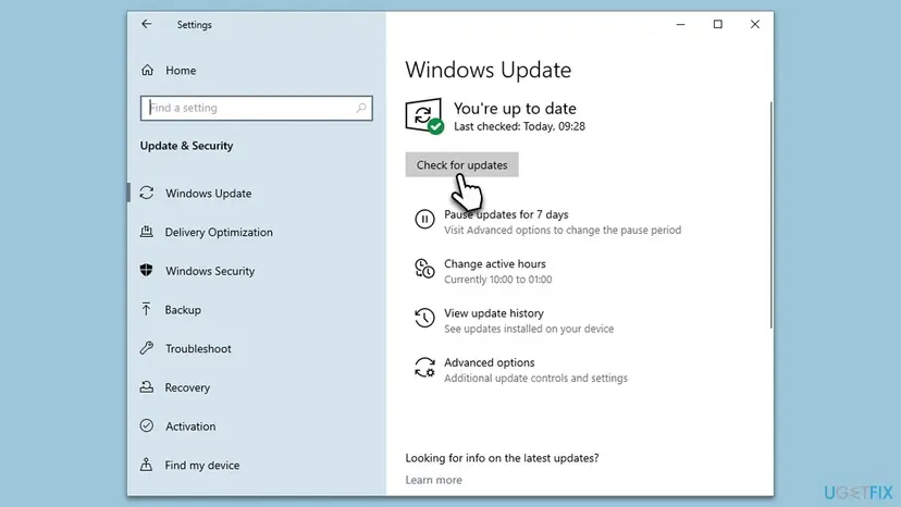 Windows 10 Settings, Update and Security, Windows Update page showing You're up to date and the Check for updates button