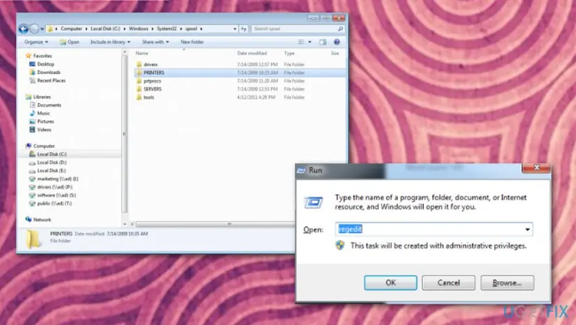 File Explorer at C, Windows, System32, spool with the drivers and PRINTERS folders, next to the Run box with regedit typed in