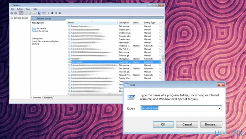 Services window with Print Spooler selected and its status Started and startup type Automatic, next to the Run box with services.msc typed in
