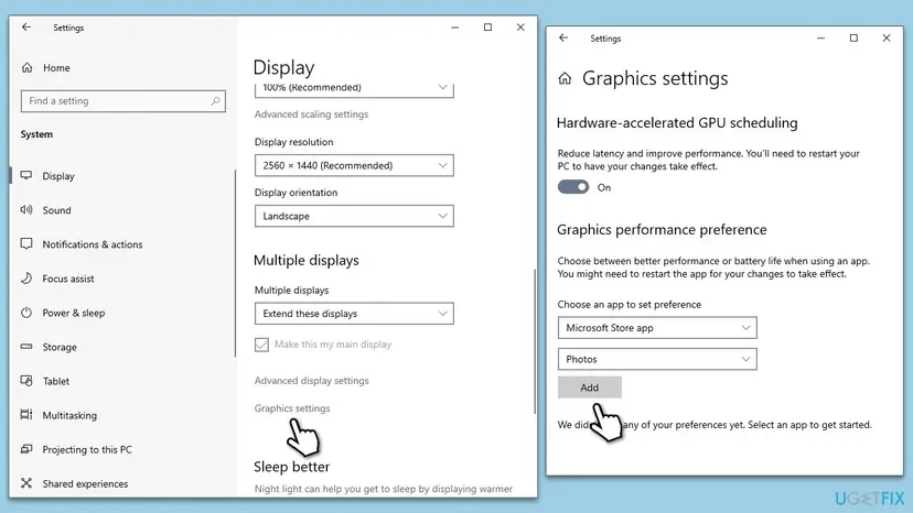 Windows 10 Display settings with Graphics settings opened, Microsoft Store app and Photos chosen and the Add button for a graphics preference