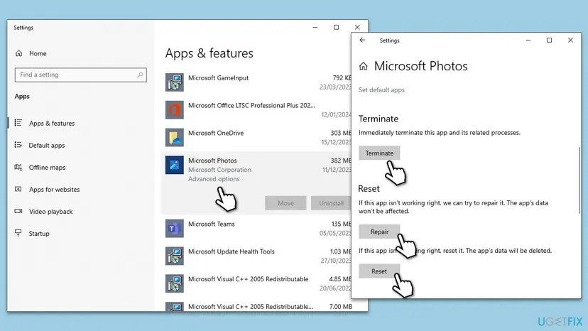Windows 10 Settings at Apps and features with Microsoft Photos selected and its Terminate, Repair and Reset buttons in Advanced options
