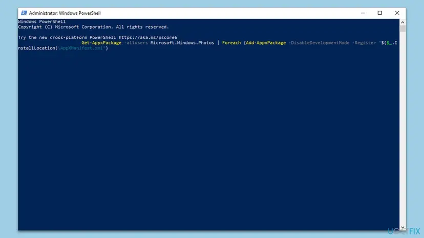 Administrator Windows PowerShell window with the Get-AppxPackage command that registers Microsoft.Windows.Photos again typed at the prompt