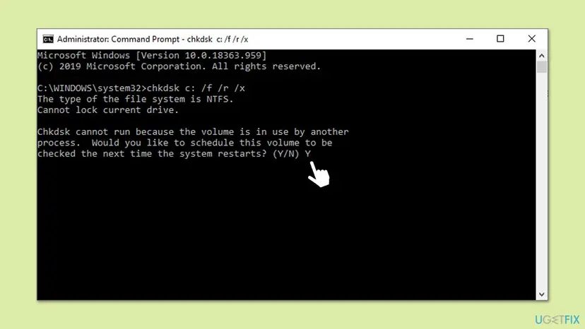 Command Prompt running chkdsk with the repair switches and asking to schedule the check at the next restart