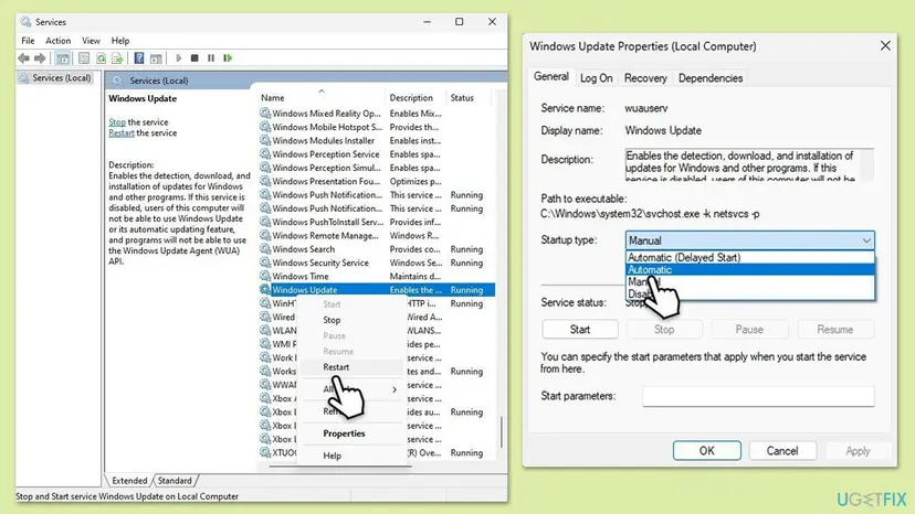 Services window with the Windows Update service selected and its Properties dialog showing the Startup type list