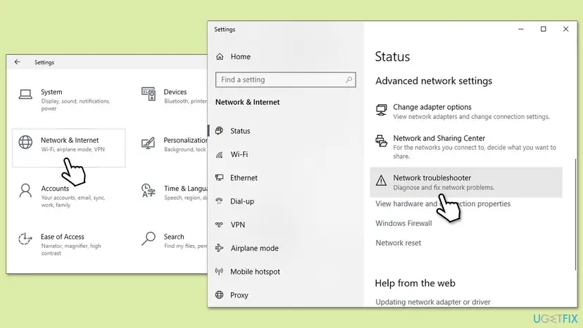 Windows 10 Settings, Network and Internet status page with the Network troubleshooter button