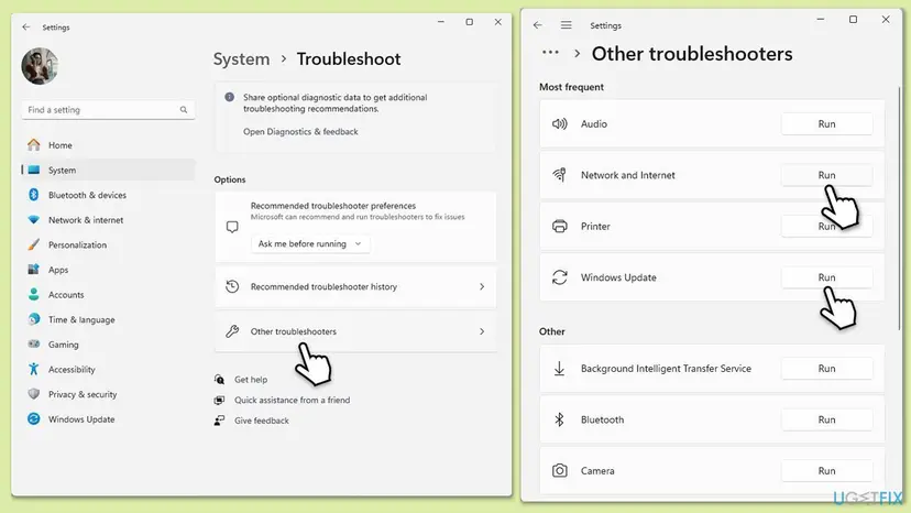 Windows 11 Settings, Troubleshoot page with Other troubleshooters open and Run buttons next to Network and Internet and Windows Update
