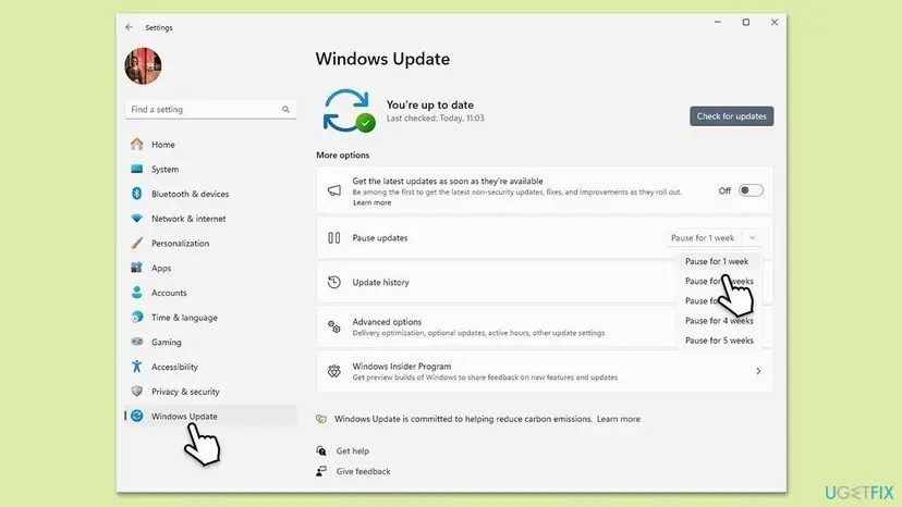 Windows Update settings page with the Pause updates option and the Resume updates button visible