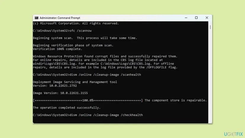 Administrator Command Prompt after sfc scannow and the three DISM commands that check and repair the component store