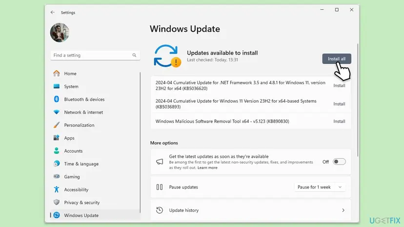 Windows 11 Settings on the Windows Update page with Updates available to install, three updates listed and the Install all button selected